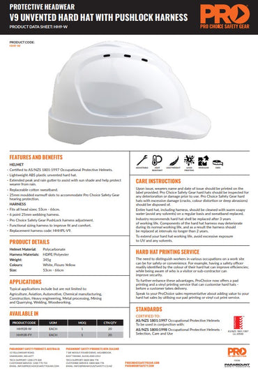 Pro Choice V9 Hard Hat Unvented Pushlock Harness - White