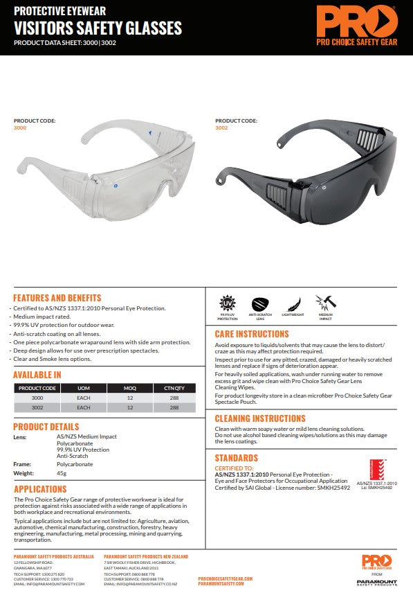Pro Choice Visitors Safety Glasses - 12 Pairs in 2 Lens Colour Options