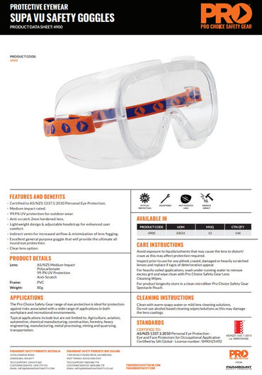 Pro Choice Supa-Vu Goggles Clear Lens - 12 pairs