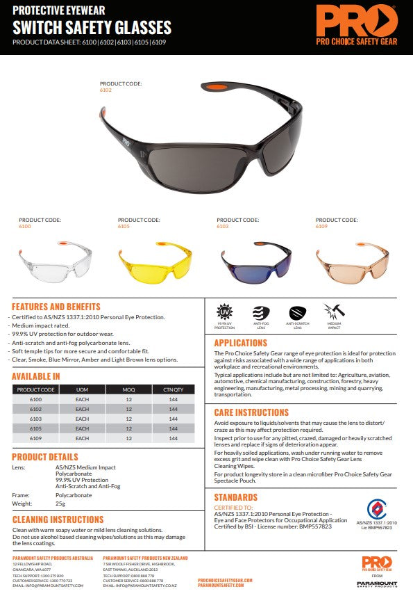 Switch Safety Glasses - 12 Pairs in 5 Lens Colour Options