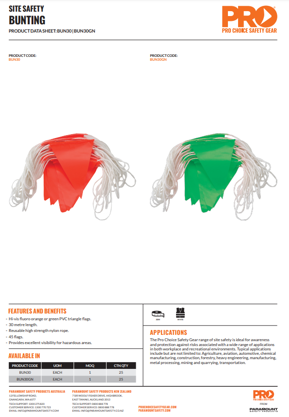 Pro Choice 30m Bunting - Orange, Green Day/Night
