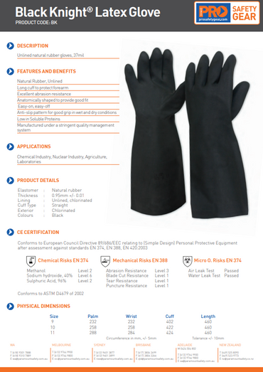 Pro Choice Black Knight 46cm Rubber Gloves - 1, 6 or 12 Pairs in 4 Size Options