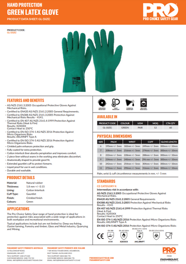 Pro Choice Green Gauntlet Glove - 4 Size Options