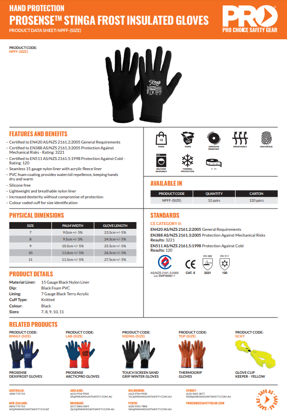 Pro Choice Prosense Stingafrost Gloves - 12 Pairs in 5 Size Options