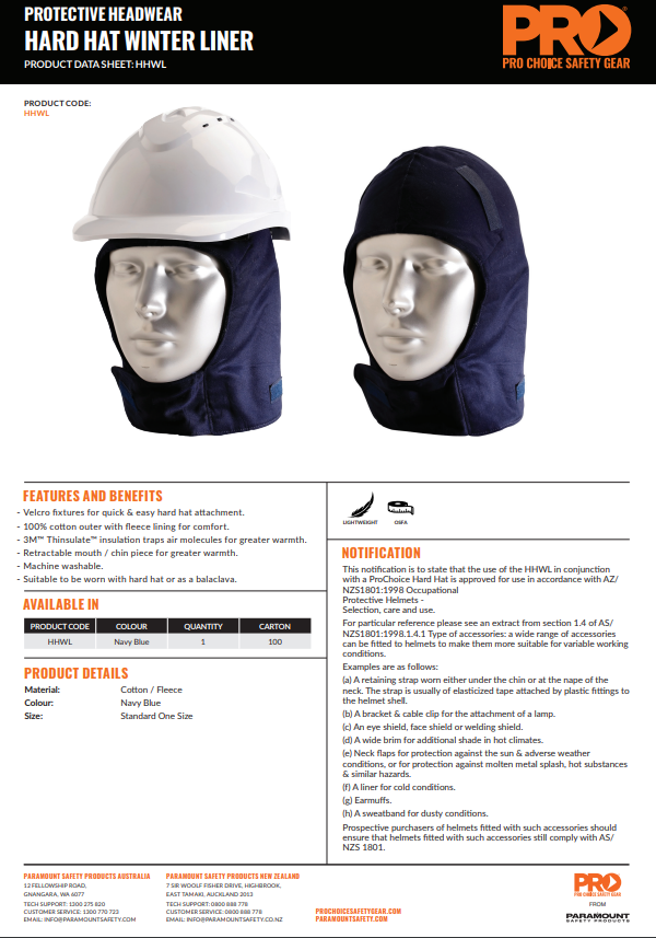 Pro Choice Hard Hat Winter Liner - Navy