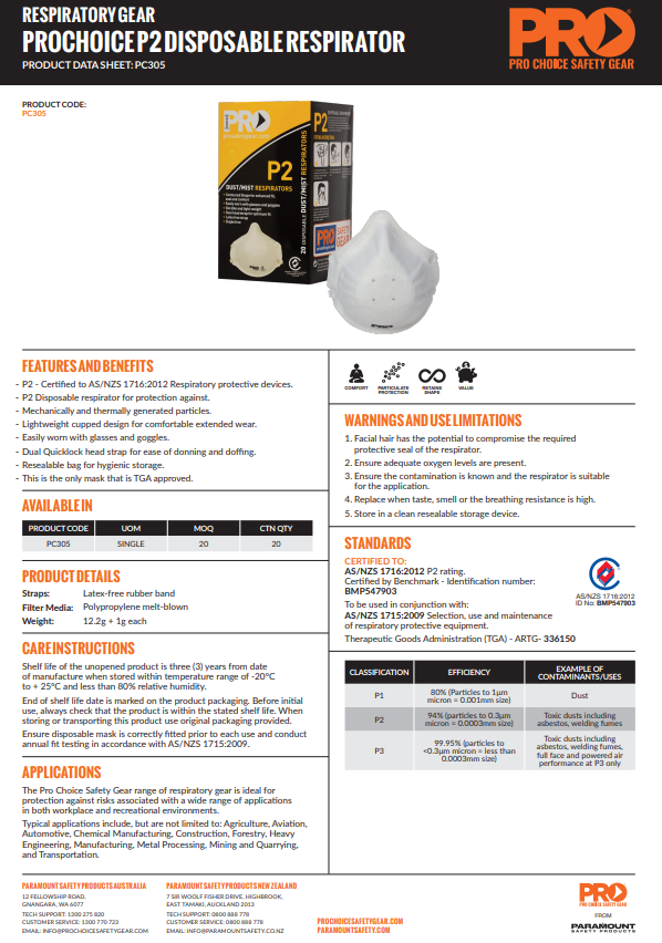 Pro Choice Dust Masks P2 - Box of 20