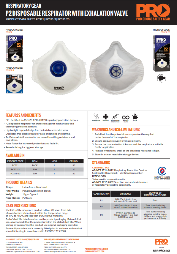 Pro Choice Dust Masks P2 + Valve - 3 or 12 Box