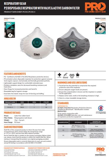 Pro Choice Dust Masks P2 + Valve + Carbon - Box of 12