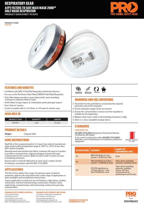 Pro Choice A1P2 Pro Cartridges for Mask HMTPM - One Pair