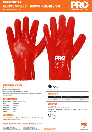 Pro Choice Red PVC Gloves one size - 12 Pairs in 27cm or 45cm
