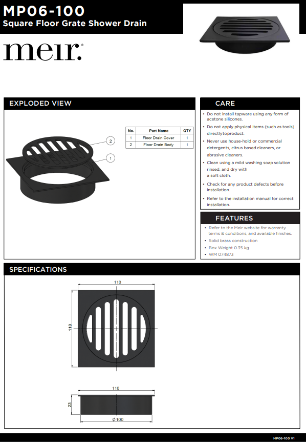 Meir Square Floor Grate Shower Drain 100mm Outlet - Various Colour Finishes