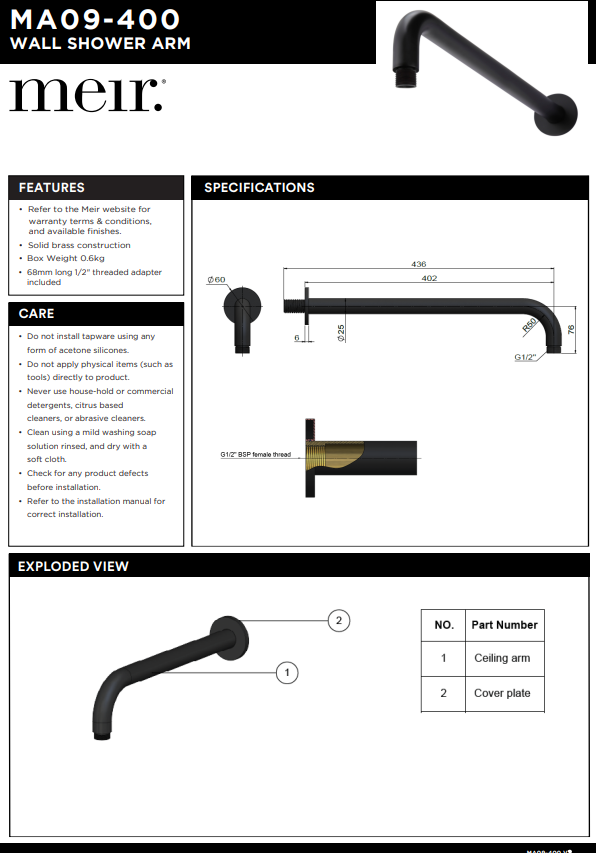 Meir Round Wall Shower Curved Arm 400mm - Various Colour Finishes