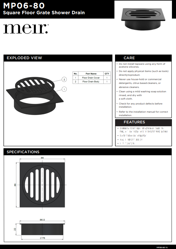Meir Square Floor Grate Shower Drain 80mm Outlet - Various Colour Finishes