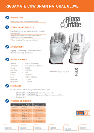 Pro Choice Riggamate Natural Cowgrain Gloves 12 Pairs - 6 Size Options