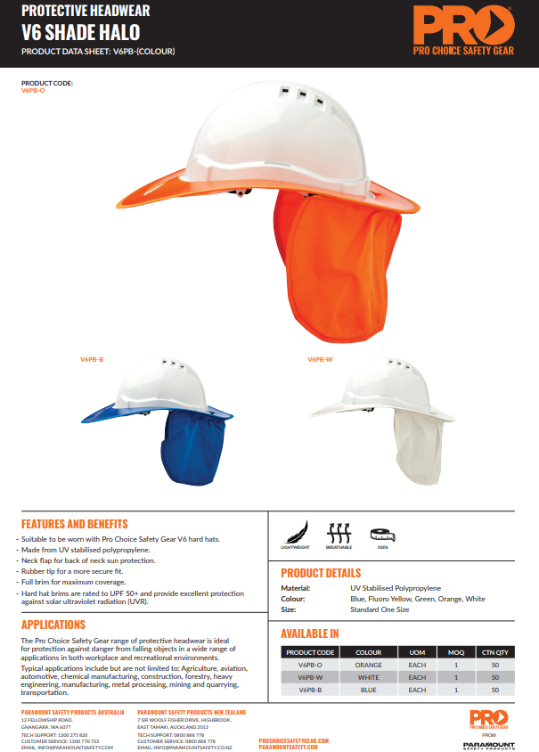 Pro Choice V6 Hard Hat Plastic Brim - in 3 Colour Options