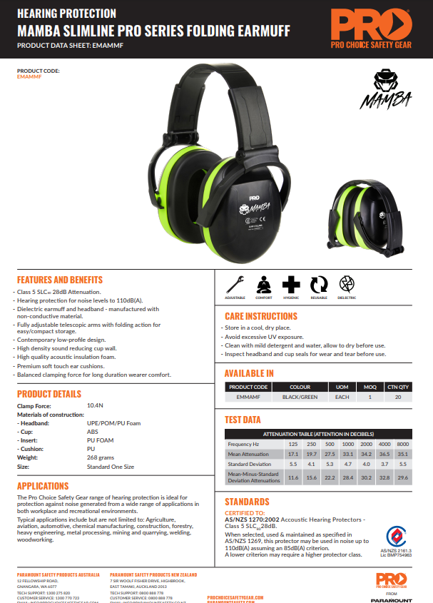 Mamba Slimline Pro Series EarMuff - 3 Style Options