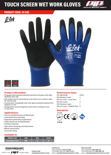 G-Tek Wet Work Touch Screen Gloves - 12 Pairs in 6 Size Options