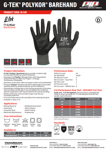 G-Tek Polykor Barehand Cut D Gloves - 1, 6 or 12 Pairs in 6 Size Options