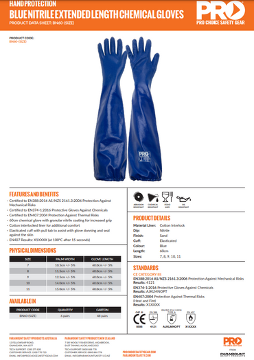 Pro Choice Blue Nitrile Extended Length Chemical Gloves - 6 Pairs in 5 Size Options