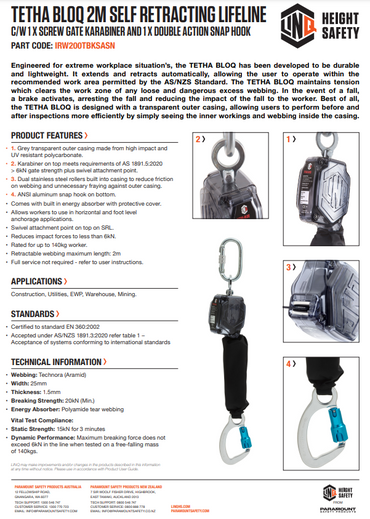 Linq Tetha Bloq Self Retracting Lifelines with Optional Karabiners and Scaff Hooks