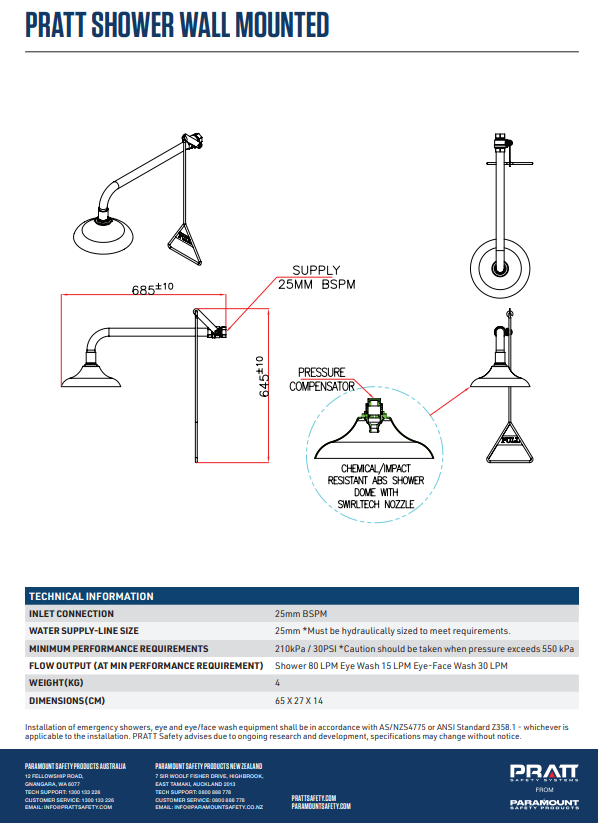 Pratt Emergency Shower Unit Free Standing or Wall Mounted