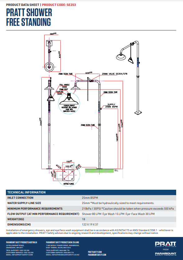Pratt Emergency Shower Unit Free Standing or Wall Mounted