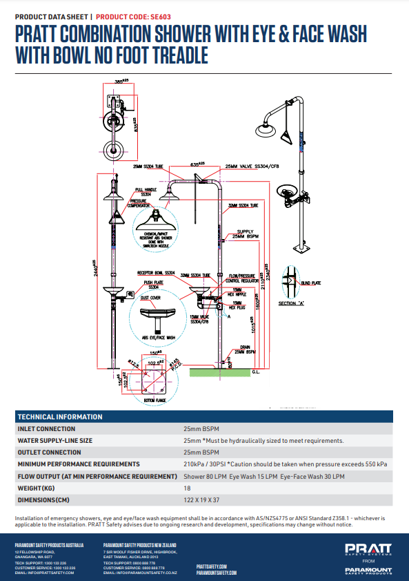 Pratt Emergency Showers & Eyewash Combinations Units - Foot Treadle, Face Wash and Bowl Options