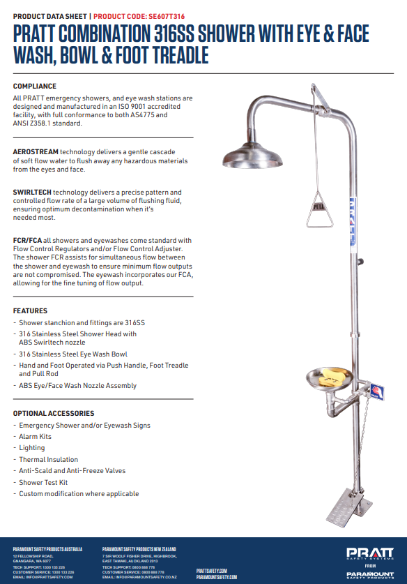 Pratt Emergency Showers & Eyewash Combinations Units - Foot Treadle, Face Wash and Bowl Options