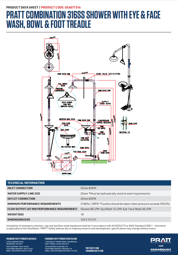 Pratt Emergency Showers & Eyewash Combinations Units - Foot Treadle, Face Wash and Bowl Options