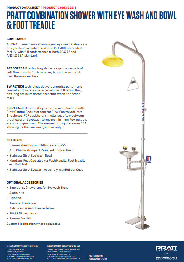 Pratt Emergency Showers & Eyewash Combinations Units - Foot Treadle, Face Wash and Bowl Options