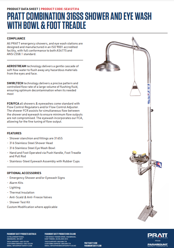 Pratt Emergency Showers & Eyewash Combinations Units - Foot Treadle, Face Wash and Bowl Options