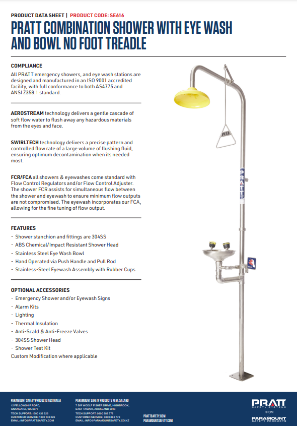 Pratt Emergency Showers & Eyewash Combinations Units - Foot Treadle, Face Wash and Bowl Options