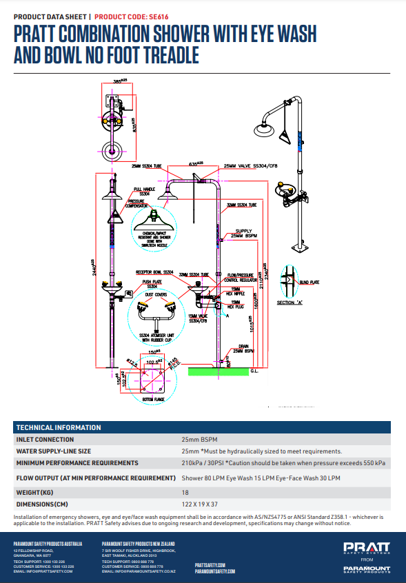 Pratt Emergency Showers & Eyewash Combinations Units - Foot Treadle, Face Wash and Bowl Options