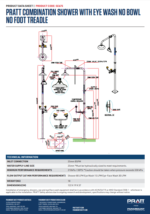 Pratt Emergency Showers & Eyewash Combinations Units - Foot Treadle, Face Wash and Bowl Options