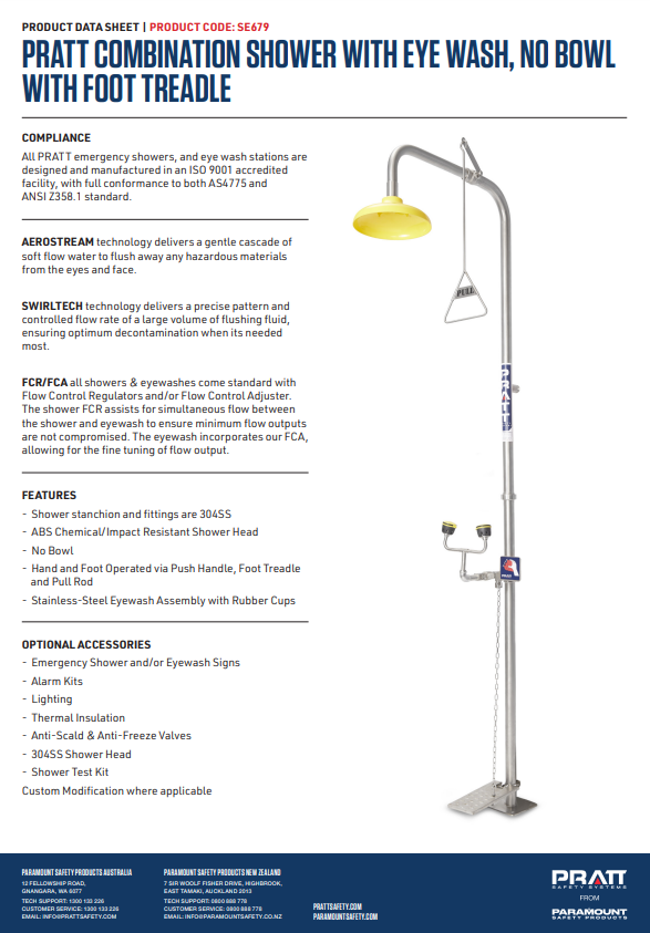 Pratt Emergency Showers & Eyewash Combinations Units - Foot Treadle, Face Wash and Bowl Options