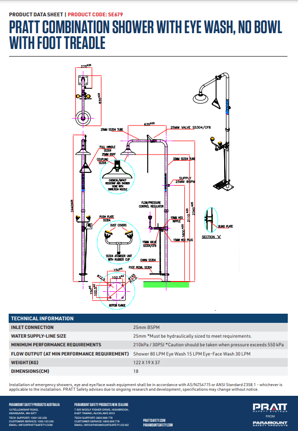 Pratt Emergency Showers & Eyewash Combinations Units - Foot Treadle, Face Wash and Bowl Options