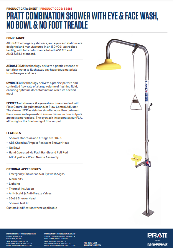 Pratt Emergency Showers & Eyewash Combinations Units - Foot Treadle, Face Wash and Bowl Options