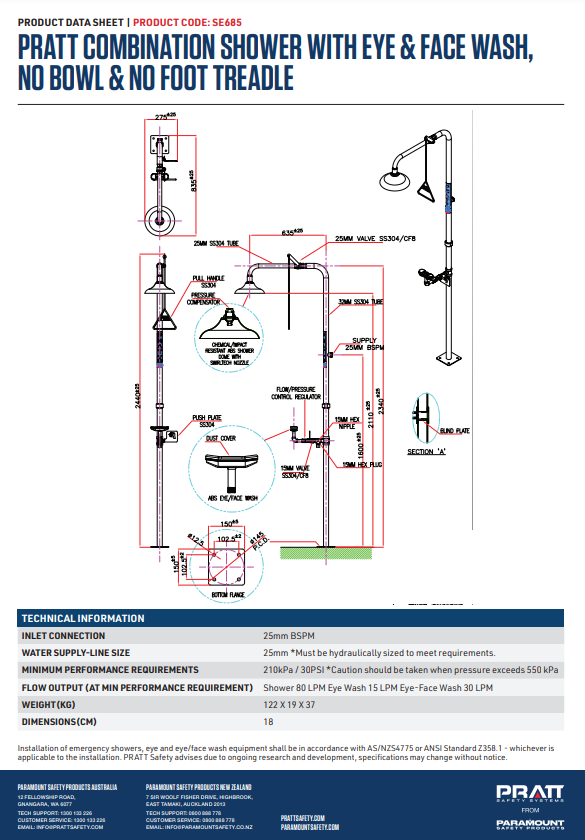 Pratt Emergency Showers & Eyewash Combinations Units - Foot Treadle, Face Wash and Bowl Options