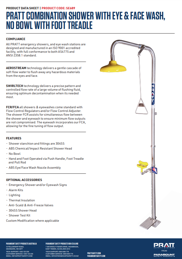 Pratt Emergency Showers & Eyewash Combinations Units - Foot Treadle, Face Wash and Bowl Options