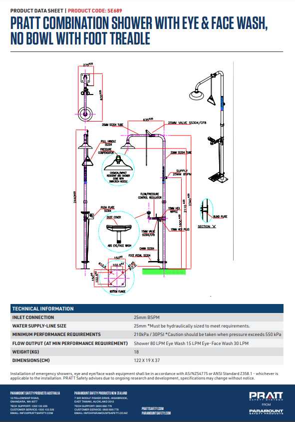 Pratt Emergency Showers & Eyewash Combinations Units - Foot Treadle, Face Wash and Bowl Options