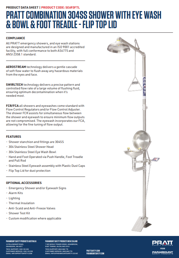 Pratt Emergency Showers & Eyewash Combinations Units - Foot Treadle, Face Wash and Bowl Options