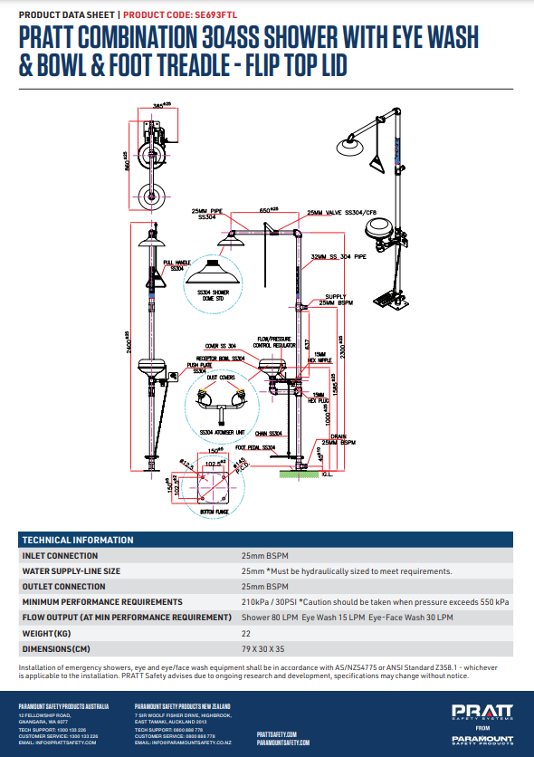 Pratt Emergency Showers & Eyewash Combinations Units - Foot Treadle, Face Wash and Bowl Options