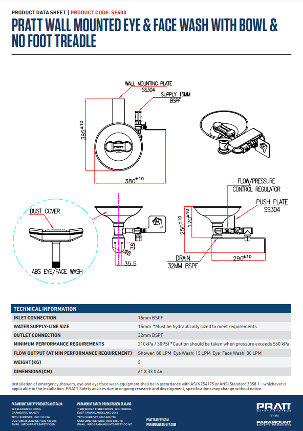Pratt Fixed Wall Mounted Emergency Eye Wash Units - Foot Treadle, Eye Face Wash and Bowl Options