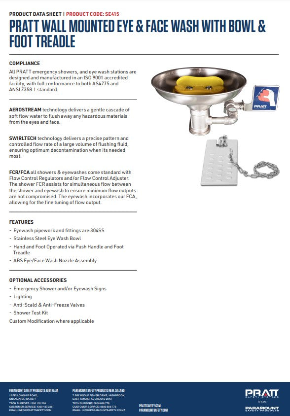Pratt Fixed Wall Mounted Emergency Eye Wash Units - Foot Treadle, Eye Face Wash and Bowl Options