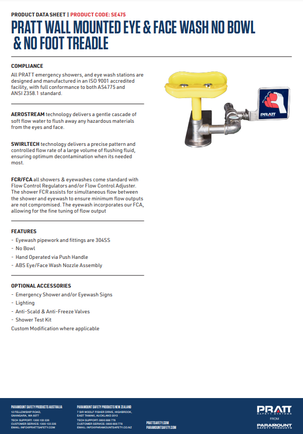 Pratt Fixed Wall Mounted Emergency Eye Wash Units - Foot Treadle, Eye Face Wash and Bowl Options
