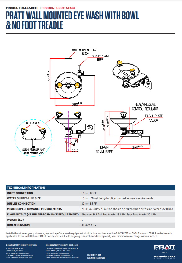 Pratt Fixed Wall Mounted Emergency Eye Wash Units - Foot Treadle, Eye Face Wash and Bowl Options