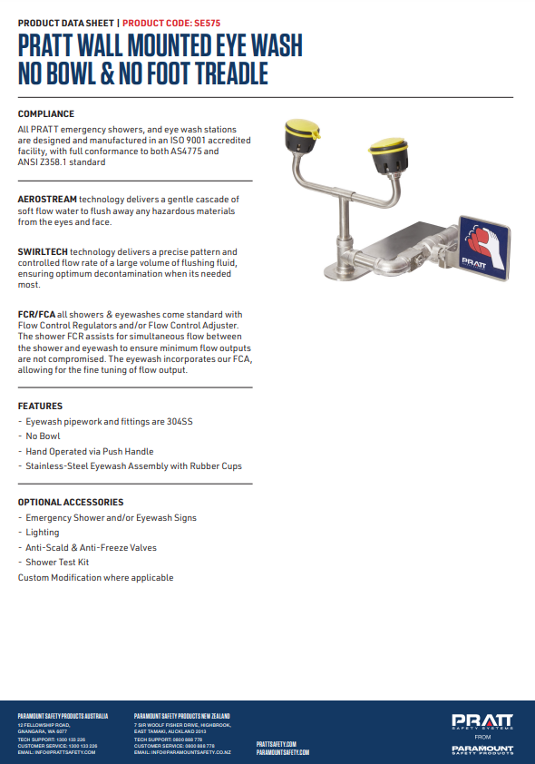 Pratt Fixed Wall Mounted Emergency Eye Wash Units - Foot Treadle, Eye Face Wash and Bowl Options