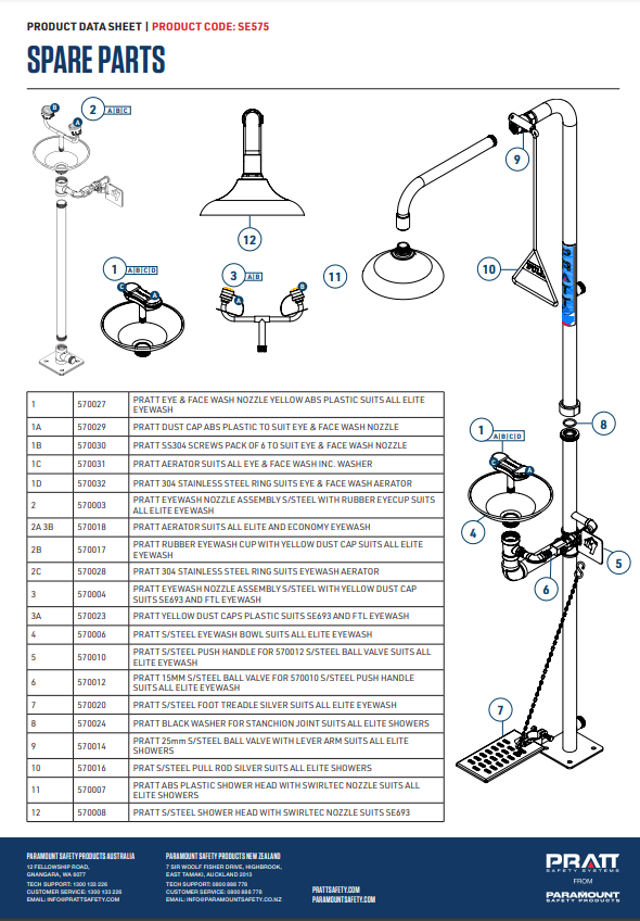 Pratt Fixed Wall Mounted Emergency Eye Wash Units - Foot Treadle, Eye Face Wash and Bowl Options
