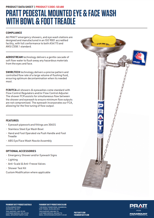 Pratt Fixed Pedestal Mounted Eye Wash Stations - Foot Treadle, Eye Face Wash and Bowl Options