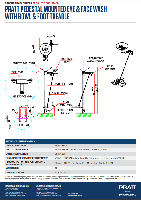 Pratt Fixed Pedestal Mounted Eye Wash Stations - Foot Treadle, Eye Face Wash and Bowl Options